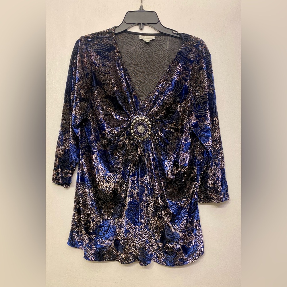Dressbarn Velvet Burnout Sequin Beaded V Neck 3/4 Sleeve‎ Plus Blue Blouse 1X